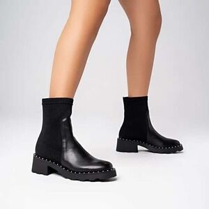 Carrano Sock Chelsea Ankle Boots Womens Black Leather Studded Lug Sole Edgy 8